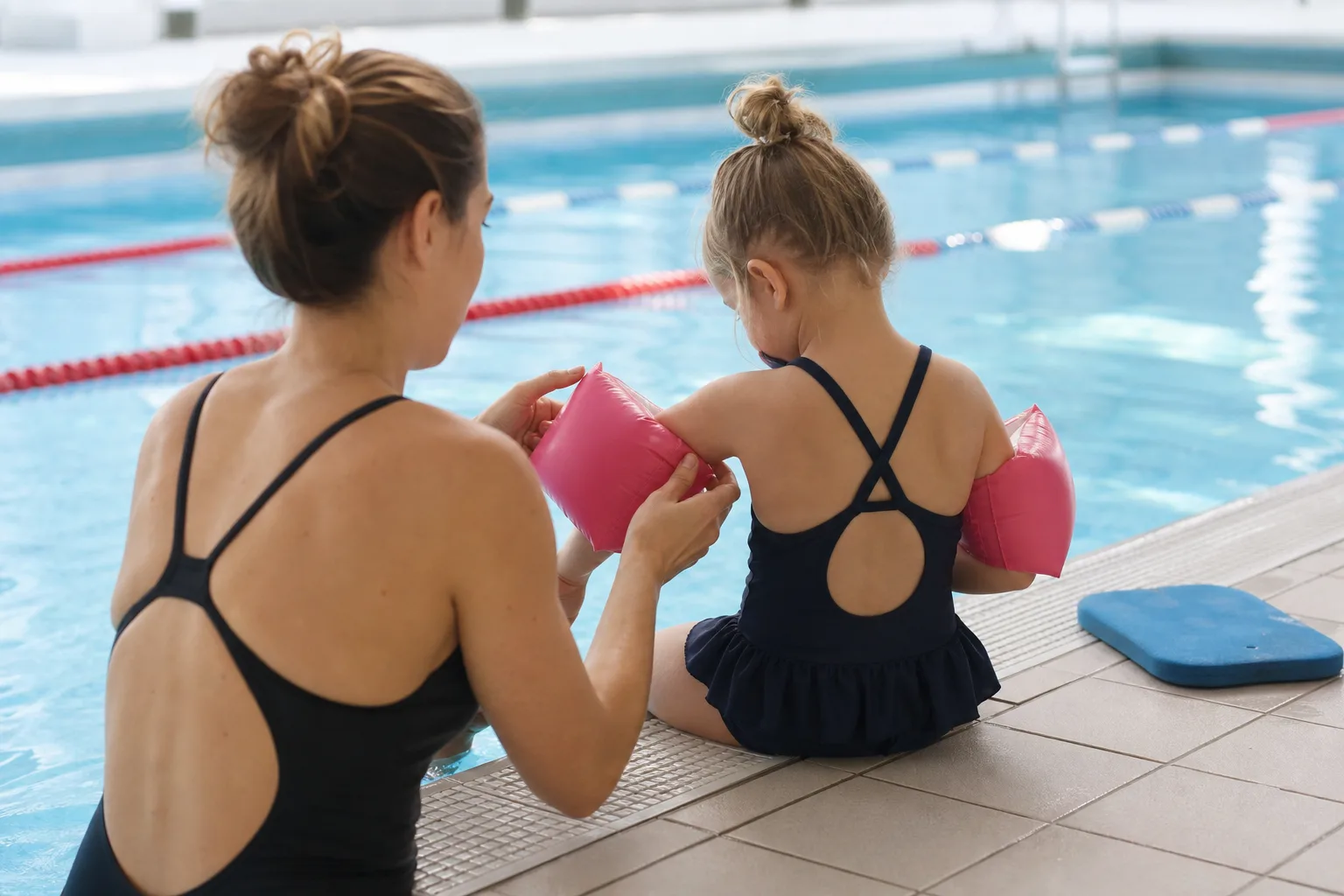 Vuxen hjälper barn dra på armpuffar vid kanten av simskolebassäng
