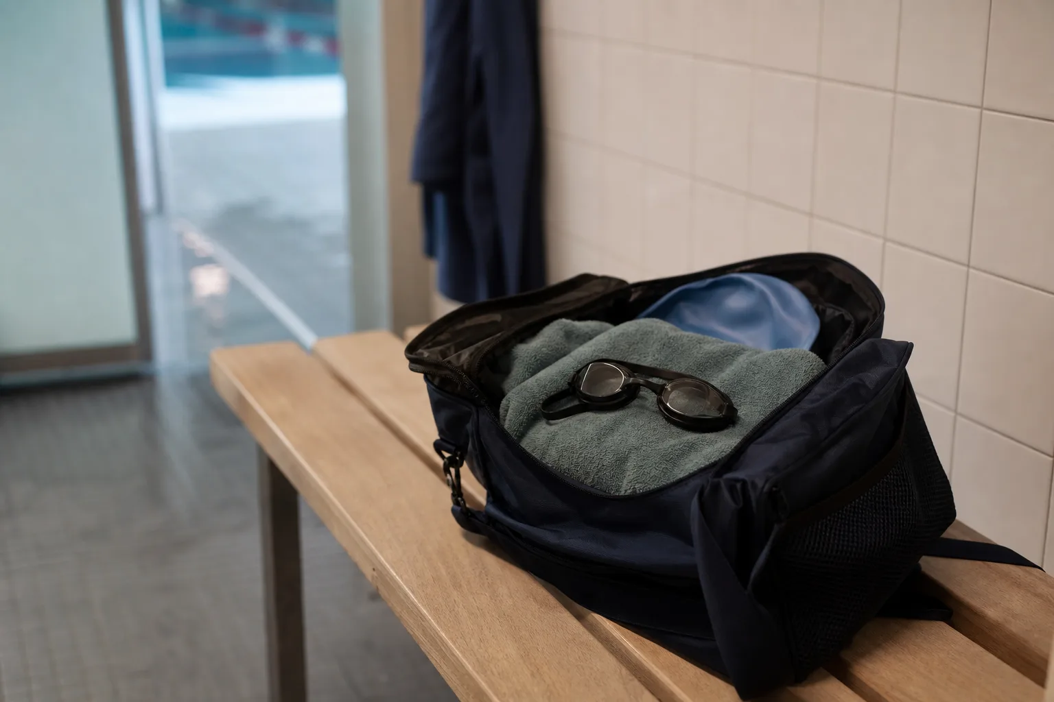 Packad simväska med badmössa, simglasögon och handduk redo för simskolan