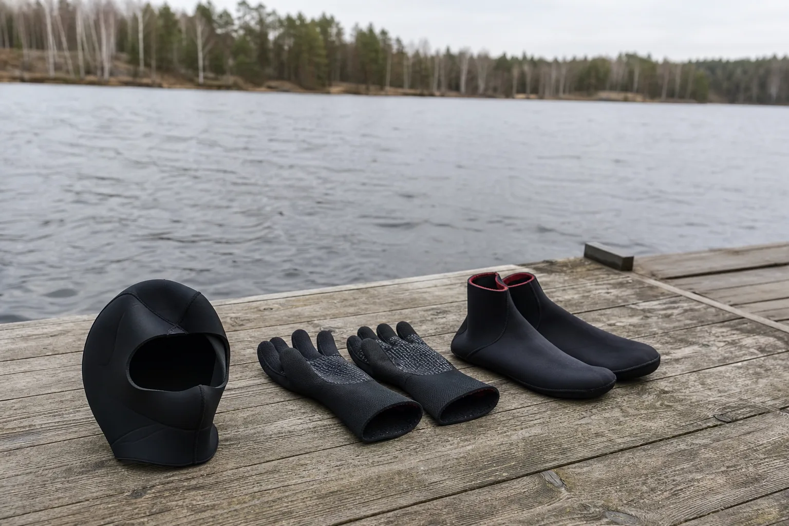 Neoprenhuva, handskar och sockor uppradade på brygga vid sjö
