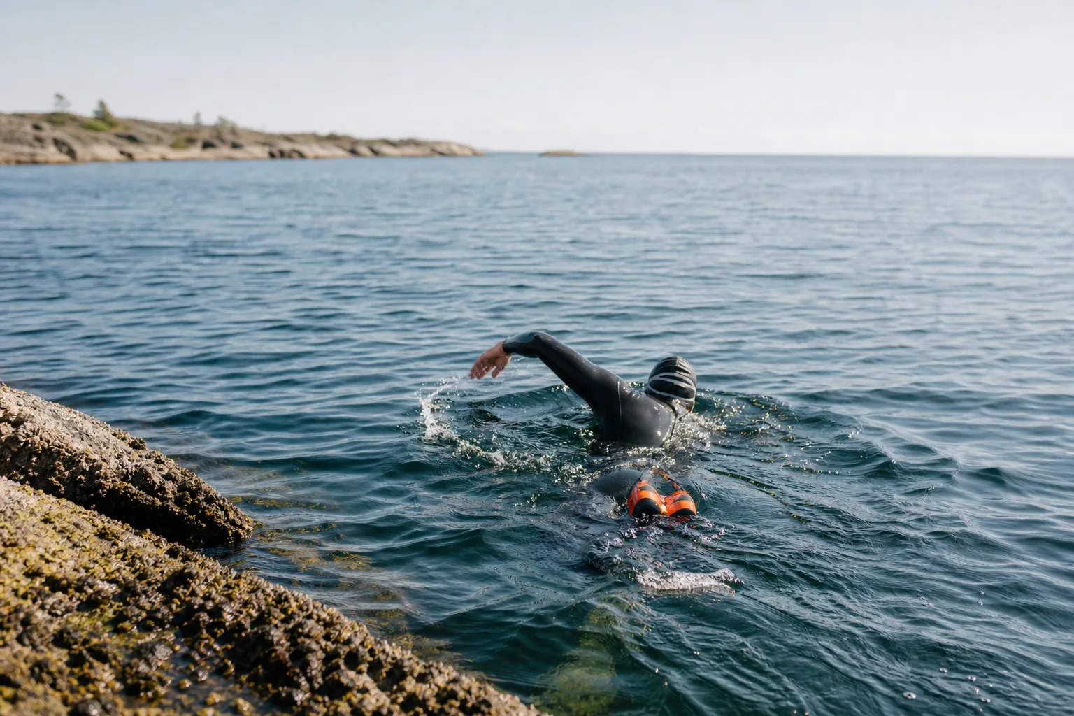 Simmare i våtdräkt med pullboy fastspänd simmar ut från klippstrand
