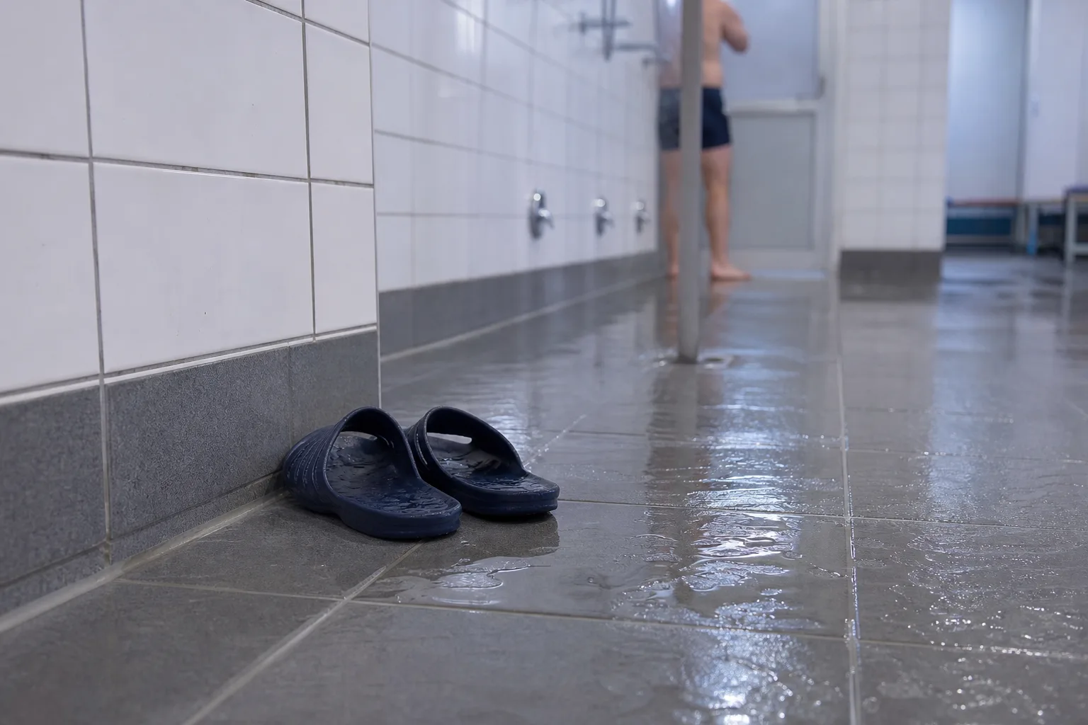 Badtofflor med räfflad sula vid duschstation i simhallens omklädningsrum