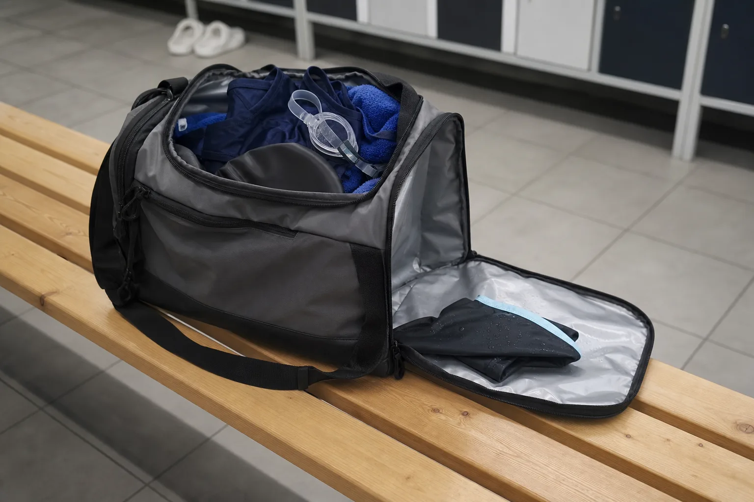 Öppen simväska med våtfack packad med baddräkt och handduk